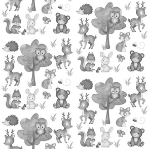 Watercolor Gray Woodland Cute Forest Animals Baby Nursery 