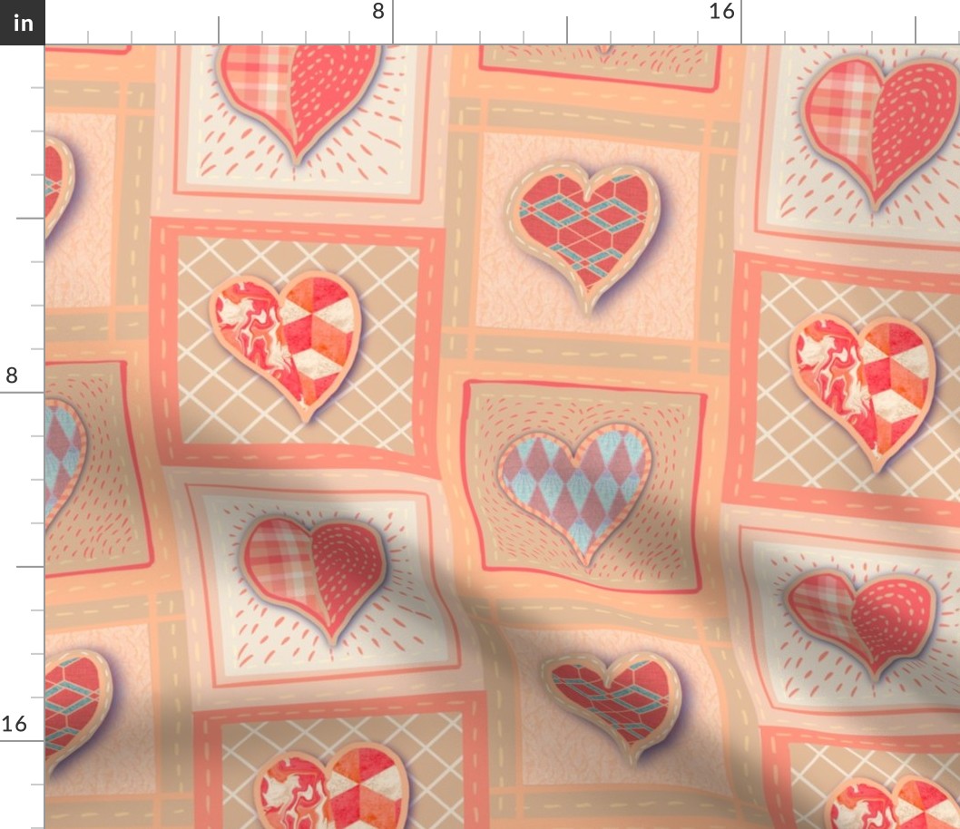 12”. Cottage core peach fuzz appliquéd effect patchwork tiled hearts with coral, cream, salmon, pale blue for Valentines Day and Love