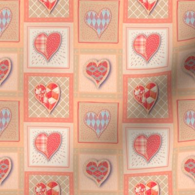 4” Cottage core peach fuzz appliquéd effect patchwork tiled hearts with coral, cream, salmon, pale blue for Valentines Day and Love