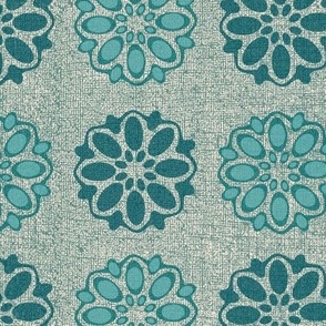 Tranquil retro floral repeat in teal greens and biege “wallpaper texture”