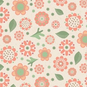 Whimsical Pantone Color of the Year Peach Fuzz Flowers and Leaves Tossed on Cream with Faux Texture Medium Scale