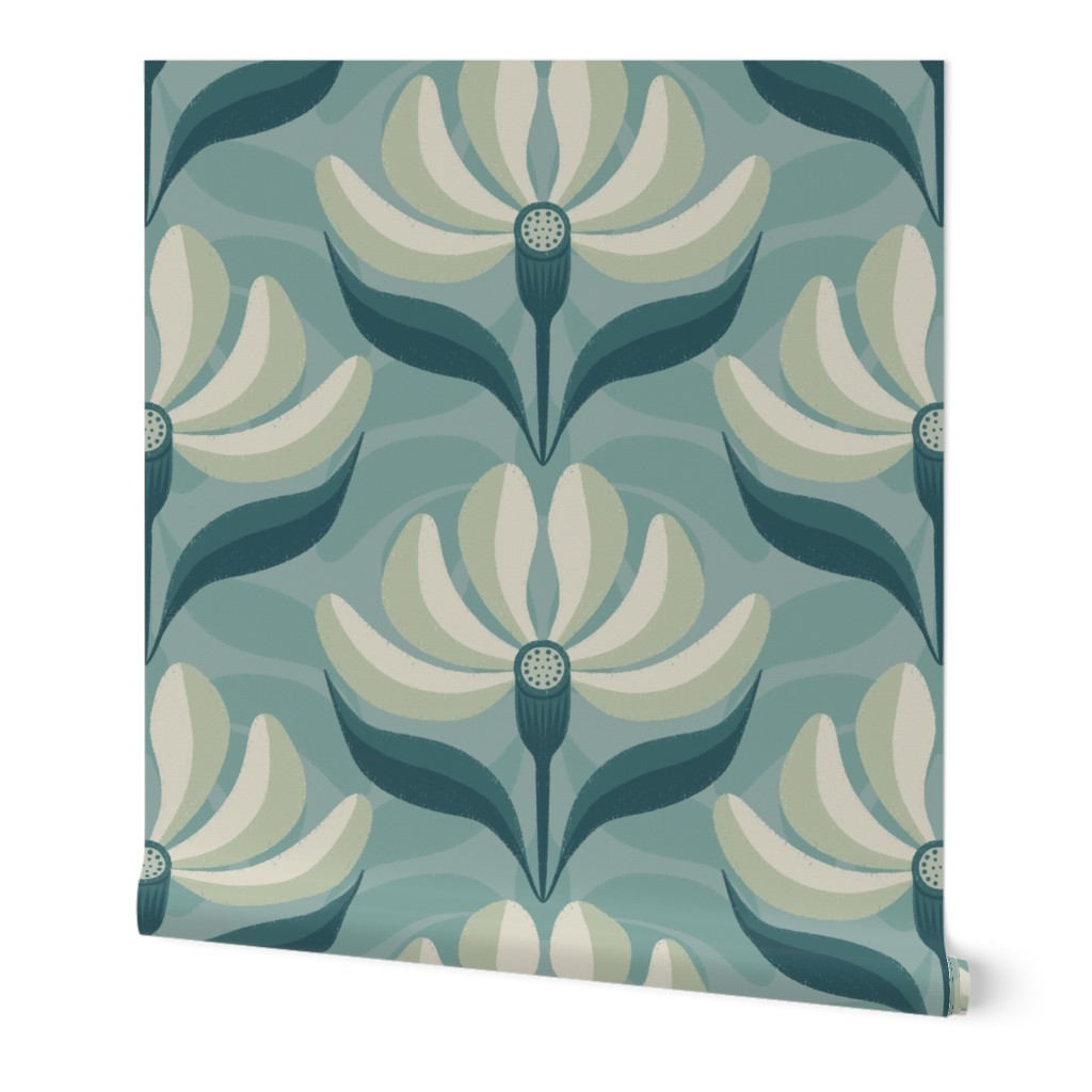 Retro Geometric Floral Calm Soft Pastel Teal Blue Large