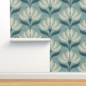 Retro Geometric Floral Calm Soft Pastel Teal Blue Large