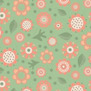 Whimsical Pantone Color of the Year Peach Fuzz Flowers and Leaves Tossed on Soft Green with Faux Texture Medium  Scale