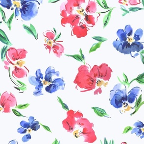 Soft vintage style red and blue watercolour roses on white
