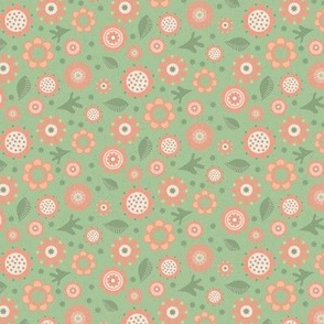 Whimsical Pantone Color of the Year Peach Fuzz Flowers and Leaves Tossed on Soft Green with Faux Texture Small  Scale