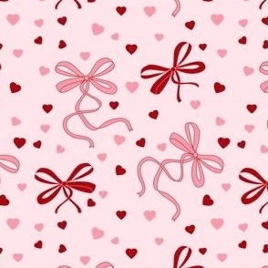 Hearts and bows, pink and red Valentine's Day feminine design - girly heart confetti and bows