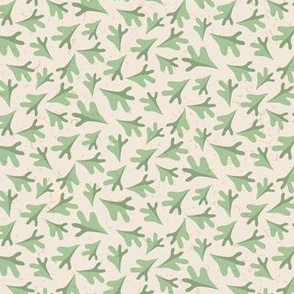 Tossed Two Tone Leaves in Soft Pastel Green on Cream Ground with Faux Texture Small Scale