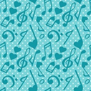 Medium Scale Love Notes Valentine Heart Music Turquoise and Aqua Polkadots