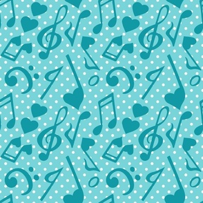 Large Scale Love Notes Valentine Heart Music Turquoise and Aqua Polkadots