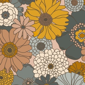 Flower power blue and ochre - large