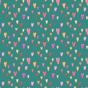 Serene Love Oasis: Pink, Red & Orange Watercolor Hearts on Bluish Green 