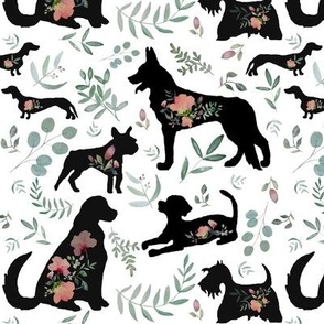 Small Black Dogs /Puppies /Floral on White