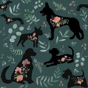 Floral Black Dogs on Green / Puppies /Watercolor  
