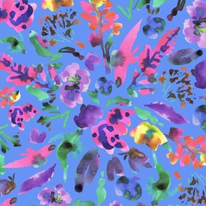 Multicoloured artistic floral watercolour on blue