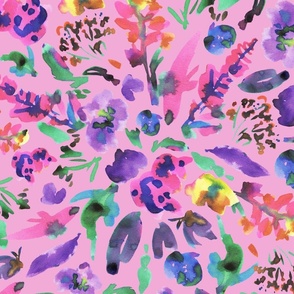Muticoloured artistic floral watercolor floral on pink