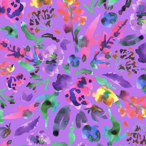 Multicoloured artistic floral watercolour on purple