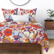 (L) Retro Seventies Inspired Whimsical Summer Floral in Scarlet, Cream and Purple