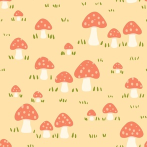 Red Mushroom and grass in the field | Yellow Background | Merry Easter Collection | Large Scale 
