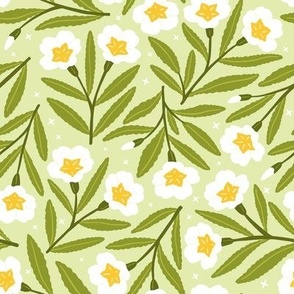 Scattered Primrose flowers in Mint / Pastel Green background | Merry Easter Collection | Large Scale