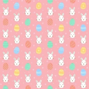 Easter bunny / rabbit and Decorated Easter Eggs in Pastel Colors and pink background | Merry Easter Collection | Small Scale