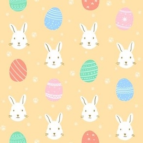 Easter bunny / rabbit and Decorated Easter Eggs in Pastel Colors and yellow background | Merry Easter Collection | Large Scale