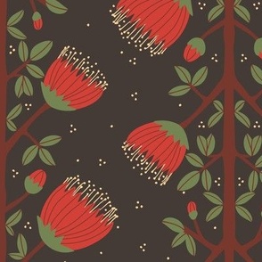 545 - Medium scale two directional Pohutukawa folk Scandi primitive  style floral vibe for wallpaper, tablecloth, sheets, duvet covers and curtains. 