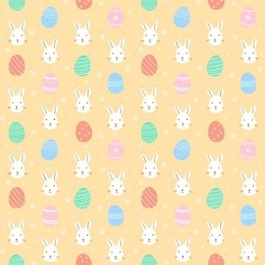 Easter bunny / rabbit and Decorated Easter Eggs in Pastel Colors and yellow background | Merry Easter Collection | Small Scale