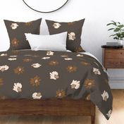 (XL) copper brown, white flowers like polka dots on dark taupe brown