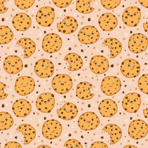Kawaii Cookies on Beige, Chocolate Chip Cookie, Cookie Fabric, Cute Cookies, Sweets, Cookies, Food, Hearts, Smiles, Kids Fabric