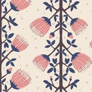 545 - Medium scale Pohutukawa (metrosiderosis) folk Scandi primitive  style floral vibe for wallpaper, tablecloth, sheets, duvet covers and curtains. 