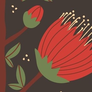 545 - Jumbo large scale two directional Pohutukawa (metrosideros) folk Scandi primitive  style floral vibe for wallpaper, tablecloth, sheets, duvet covers and curtains. 