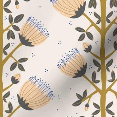 545 - Medium scale Pohutukawa (metrosideros) folk Scandi primitive  style floral vibe for wallpaper, tablecloth, sheets, duvet covers and curtains. 