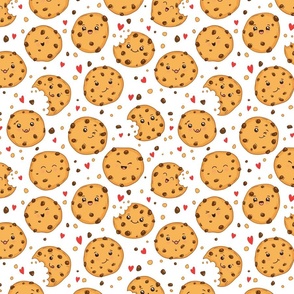 Kawaii Cookies on White, Chocolate Chip Cookie, Cookie Fabric, Cute Cookies, Sweets, Cookies, Food, Hearts, Smiles, Kids Fabric