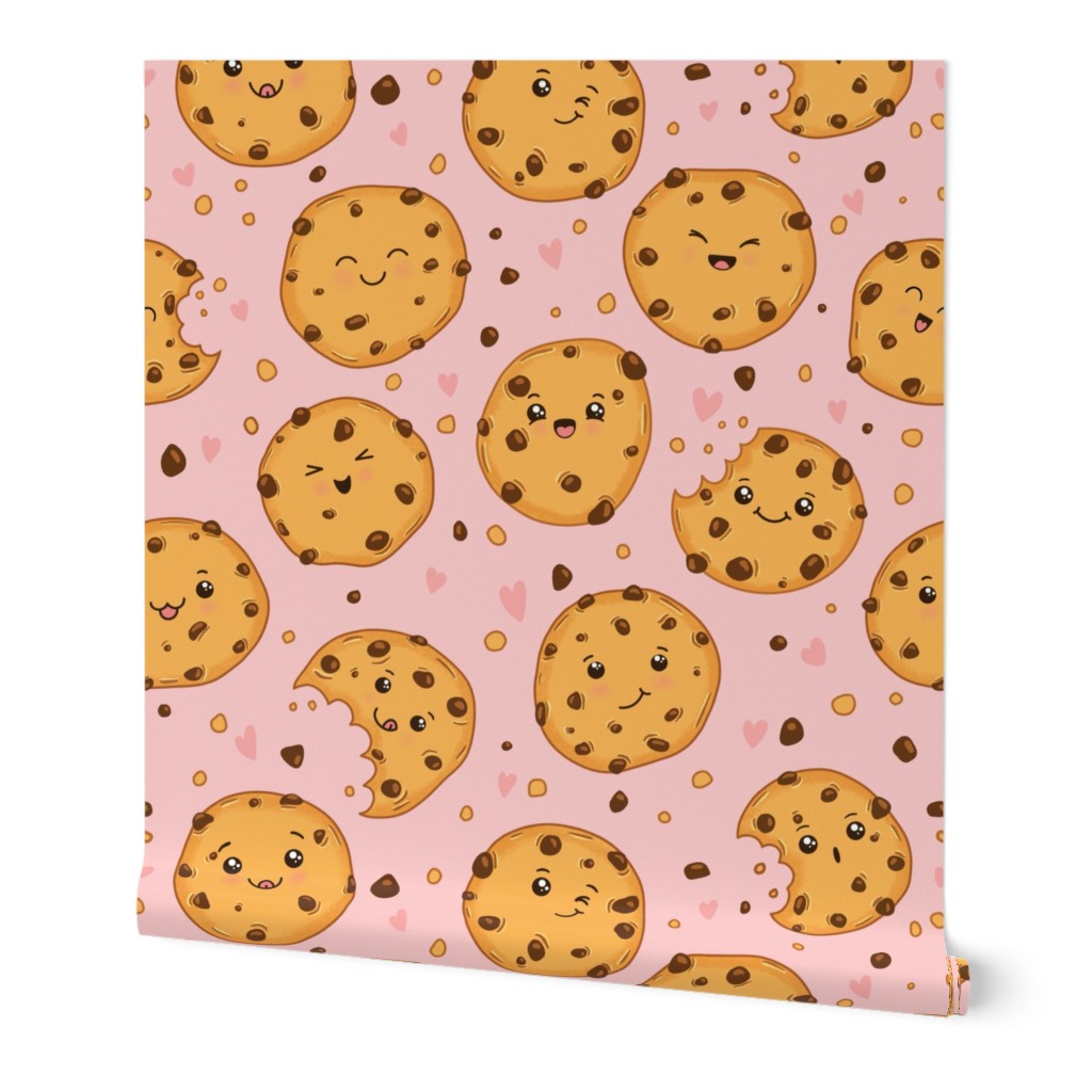 Kawaii Cookies on Pink, Chocolate Chip Cookie, Cookie Fabric, Cute Cookies, Sweets, Cookies, Food, Hearts, Smiles, Kids Fabric