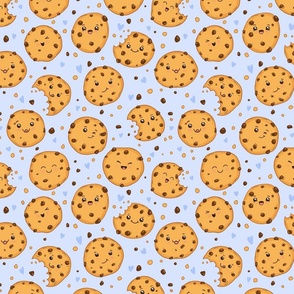 Kawaii Cookies on Blue, Chocolate Chip Cookie, Cookie Fabric, Cute Cookies, Sweets, Cookies, Food, Hearts, Smiles, Kids Fabric