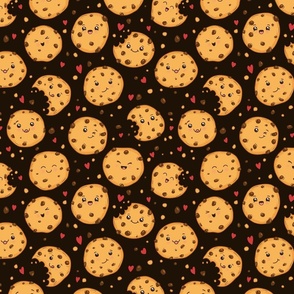 Kawaii Cookies on Black, Chocolate Chip Cookie, Cookie Fabric, Cute Cookies, Sweets, Cookies, Food, Hearts, Smiles, Kids Fabric