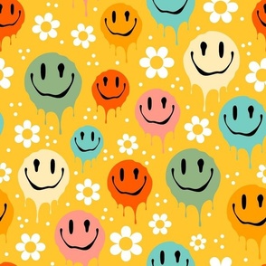 Large Scale Retro Drippy Melting Smile Faces and Daisy Flowers on Yellow