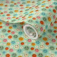 Small Scale Retro Drippy Melting Smile Faces and Daisy Flowers on Mint