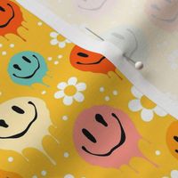 Medium Scale Retro Drippy Melting Smile Faces and Daisy Flowers on Yellow