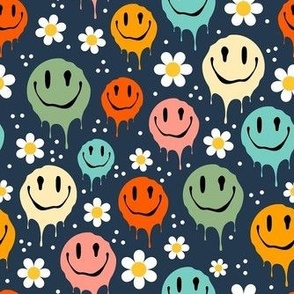 Medium Scale Retro Drippy Melting Smile Faces and Daisy Flowers on Navy