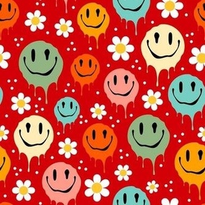 Medium Scale Retro Drippy Melting Smile Faces and Daisy Flowers on Red