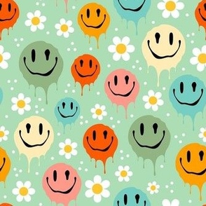 Medium Scale Retro Drippy Melting Smile Faces and Daisy Flowers on Mint