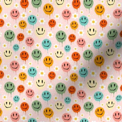 Small Scale Retro Drippy Melting Smile Faces and Daisy Flowers on Pale Pink