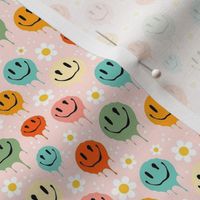 Small Scale Retro Drippy Melting Smile Faces and Daisy Flowers on Pale Pink