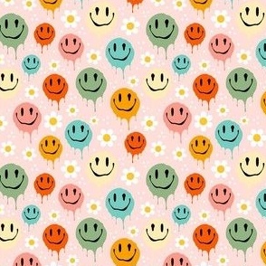 Small Scale Retro Drippy Melting Smile Faces and Daisy Flowers on Pale Pink