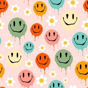Medium Scale Retro Drippy Melting Smile Faces and Daisy Flowers on Pale Pink