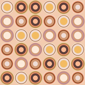 (M) Circles in brown, copper, taupe, beige, orange, yellow, green, lilac on desert sand brown 