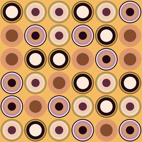 (M) Circles in brown, copper, taupe, beige, orange, yellow, green, lilac on yellow