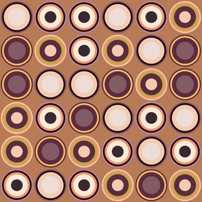 (M) Circles in brown, copper, taupe, beige, orange, yellow, green, lilac on brown